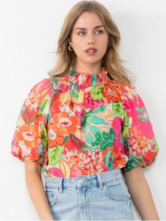 THML Tops - THML Women’s Sprout Of Spring Puff Sleeve Floral Blouse Top in Multicolor L